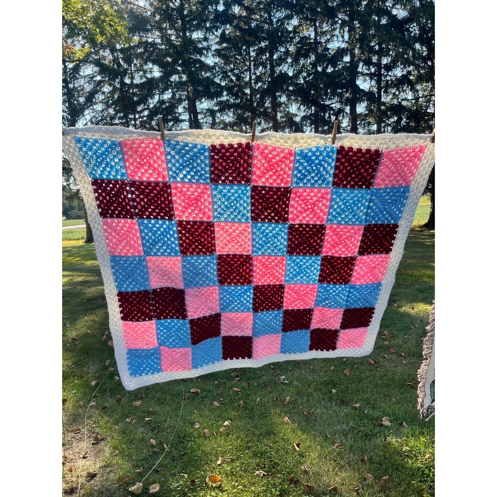 Crochet Granny Square Blanket Throw Afghan Pink Blue Burgundy Handmade 46" x 40"